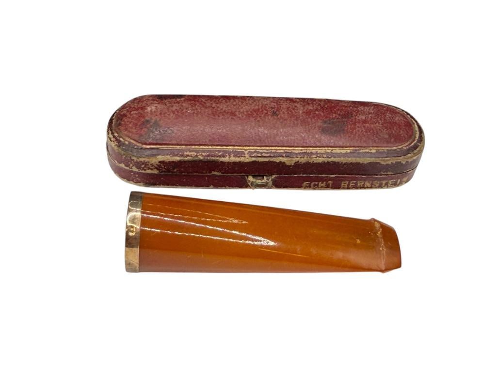 ANTIQUE ART DECO GERMAN ECHT BERNSTEIN AMBER AND 800 SILVER GOLD PLATED CIGAR HOLDER: INCLUDES ORIGINAL CASE MARKED ECHT BERNSTEIN AND M.H. NASCH OF BERLIN 2 7/8"
