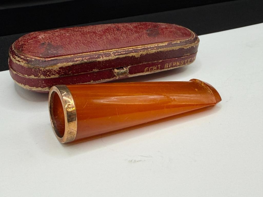 ANTIQUE ART DECO GERMAN ECHT BERNSTEIN AMBER AND 800 SILVER GOLD PLATED CIGAR HOLDER - 2
