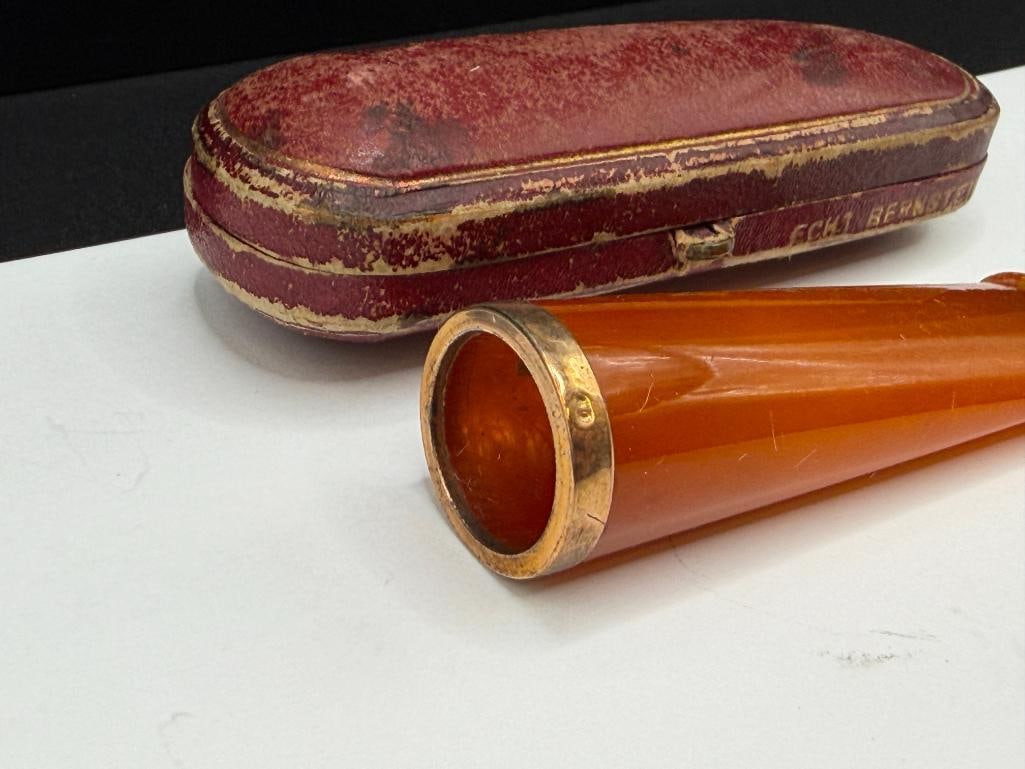 ANTIQUE ART DECO GERMAN ECHT BERNSTEIN AMBER AND 800 SILVER GOLD PLATED CIGAR HOLDER - 3