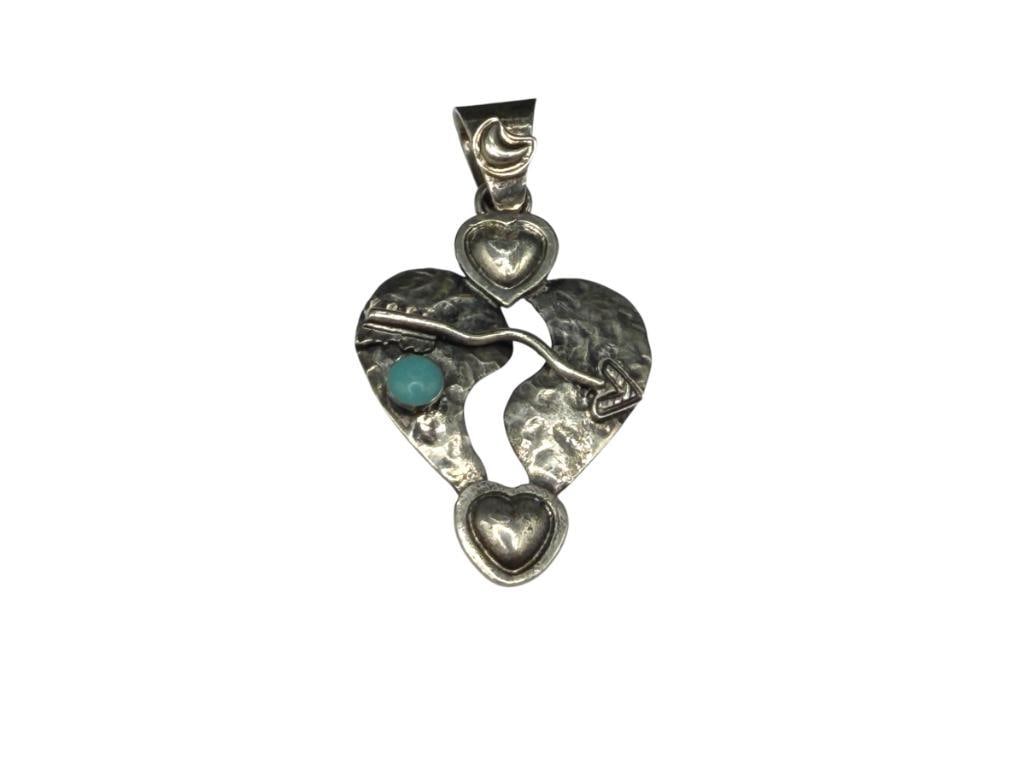 VINTAGE MEXICO HOB ARTIST SIGNED STERLING SILVER HEART PENDANT: SIGNED BY ARTIST "HOB," BELIEVED TO BE HOUSE OF BANGLES 2 1/4", 11.25 GRAMS