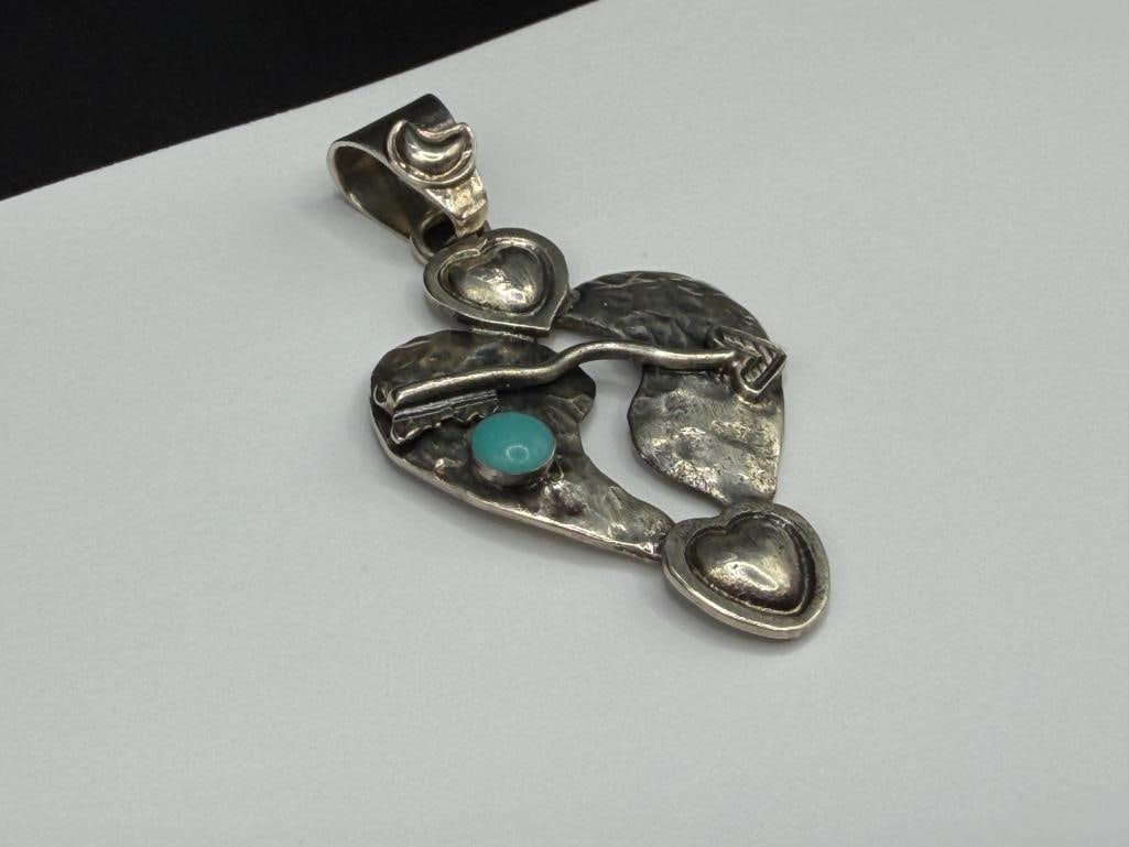 VINTAGE MEXICO HOB ARTIST SIGNED STERLING SILVER HEART PENDANT - 2