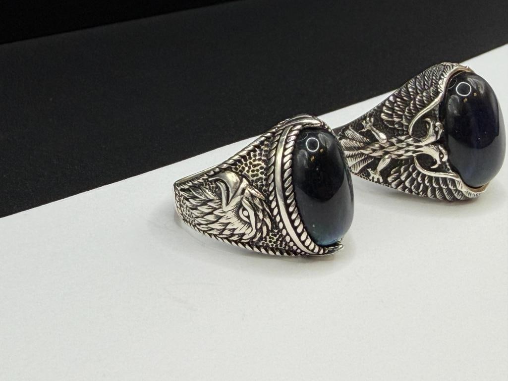 TWO MEN'S STERLING SILVER EAGLE MOTIF BLUE TIGER'S EYE CABOCHON RINGS - 2