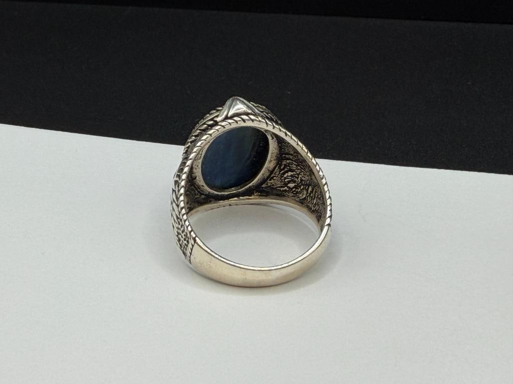 TWO MEN'S STERLING SILVER EAGLE MOTIF BLUE TIGER'S EYE CABOCHON RINGS - 4