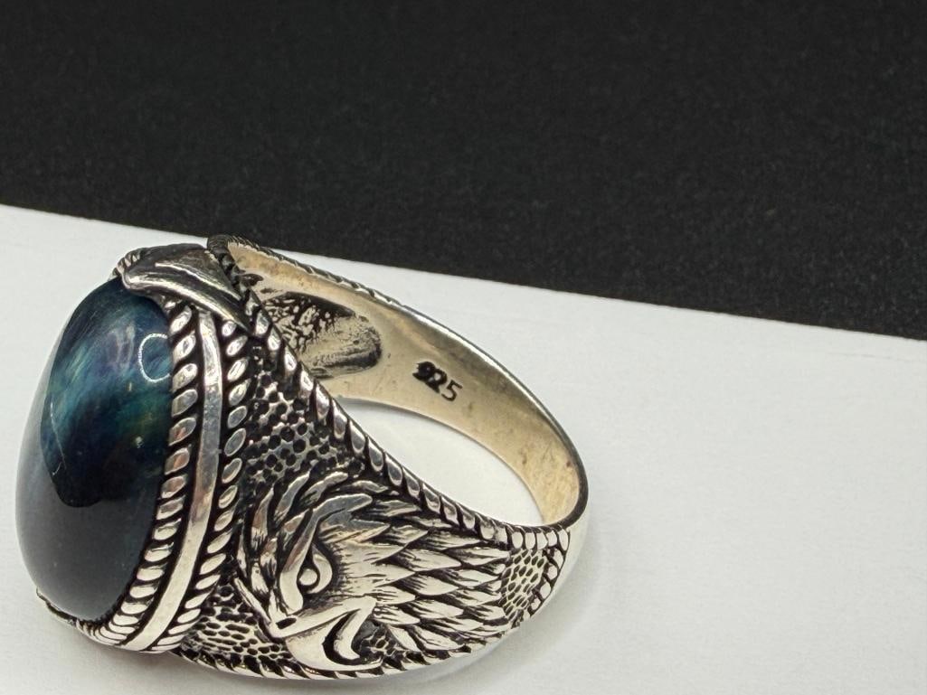 TWO MEN'S STERLING SILVER EAGLE MOTIF BLUE TIGER'S EYE CABOCHON RINGS - 5