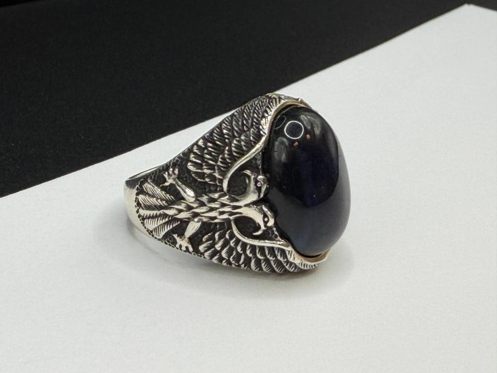 TWO MEN'S STERLING SILVER EAGLE MOTIF BLUE TIGER'S EYE CABOCHON RINGS - 6