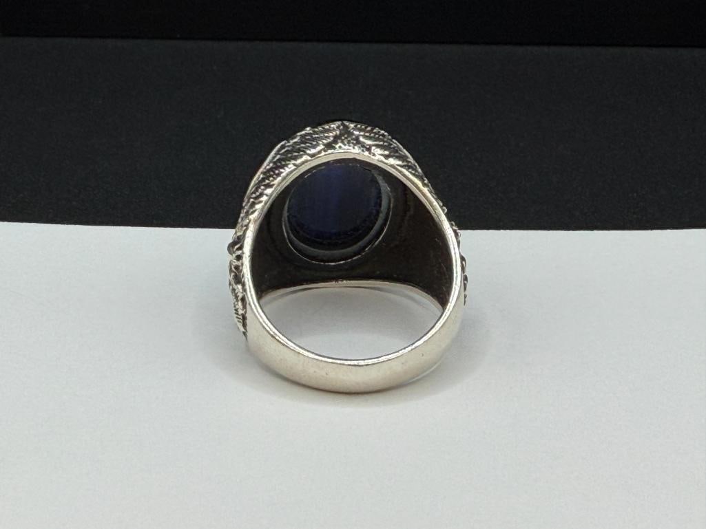 TWO MEN'S STERLING SILVER EAGLE MOTIF BLUE TIGER'S EYE CABOCHON RINGS - 8