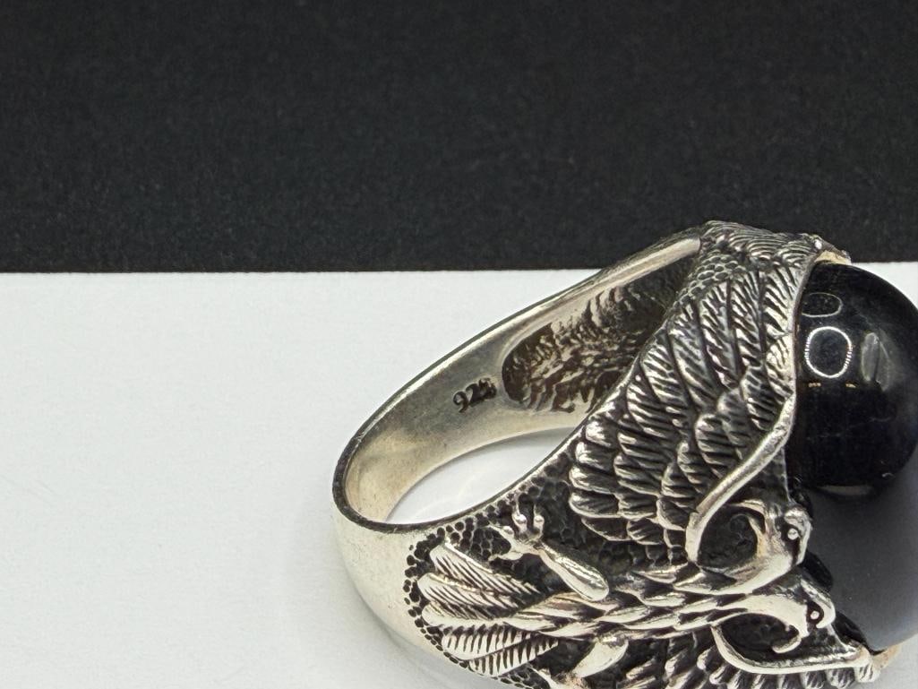 TWO MEN'S STERLING SILVER EAGLE MOTIF BLUE TIGER'S EYE CABOCHON RINGS - 9