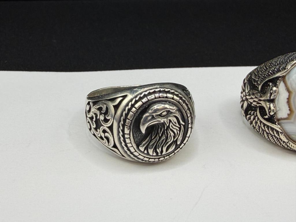 TWO MEN'S STERLING SILVER EAGLE MOTIF RINGS INCLUDING ONE WITH NATURAL EYE AGATE CABOCHON - 2