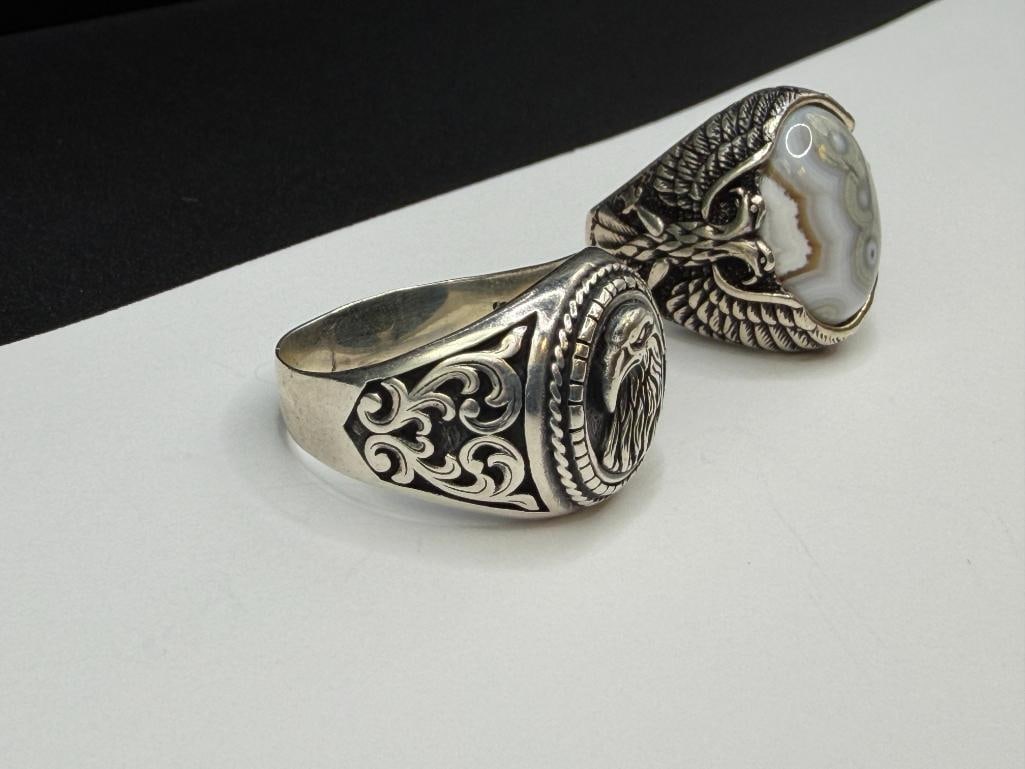 TWO MEN'S STERLING SILVER EAGLE MOTIF RINGS INCLUDING ONE WITH NATURAL EYE AGATE CABOCHON - 3