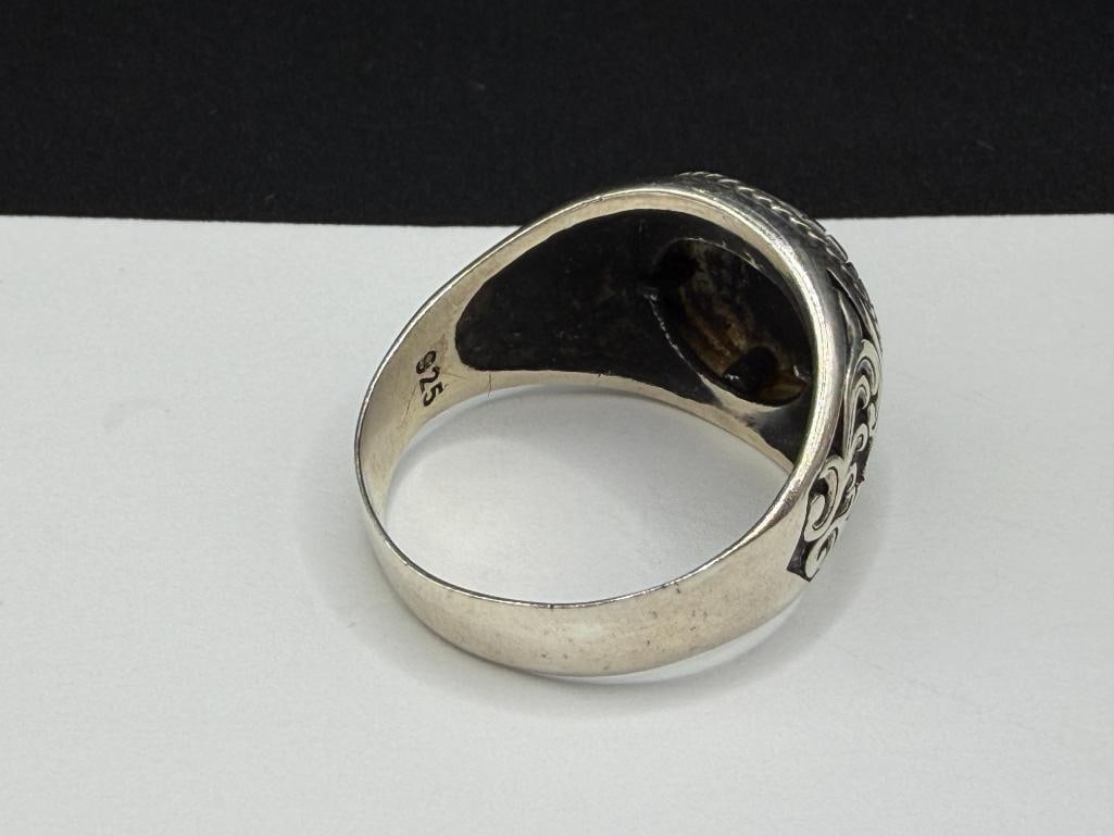 TWO MEN'S STERLING SILVER EAGLE MOTIF RINGS INCLUDING ONE WITH NATURAL EYE AGATE CABOCHON - 4