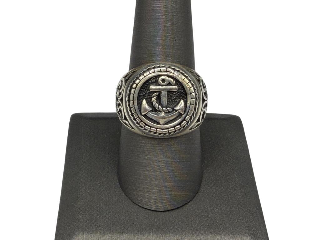 MEN'S STERLING SILVER NAUTICAL MARINER ANCHOR SIGNET RING: FEATURING GREAT DETAIL SIZE 9, 3/4" FRONT, 13.25 GRAMS