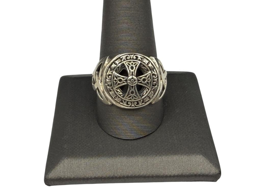 MEN'S STERLING SILVER CELTIC CROSS PIERCED DESIGN RING: SIZE 12, 11/16" FRONT, 6.97 GRAMS