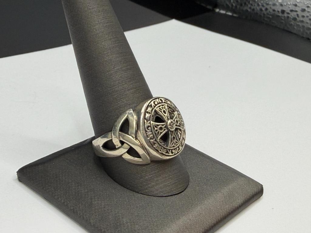 MEN'S STERLING SILVER CELTIC CROSS PIERCED DESIGN RING - 2