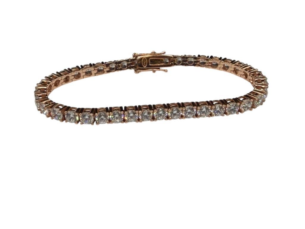 STERLING SILVER ROSE GOLD PLATED ROUND BRILLIANT CUT CZ TENNIS BRACELET: 6 3/4" X 3/16", 4MM CZS, 14.86 GRAMS