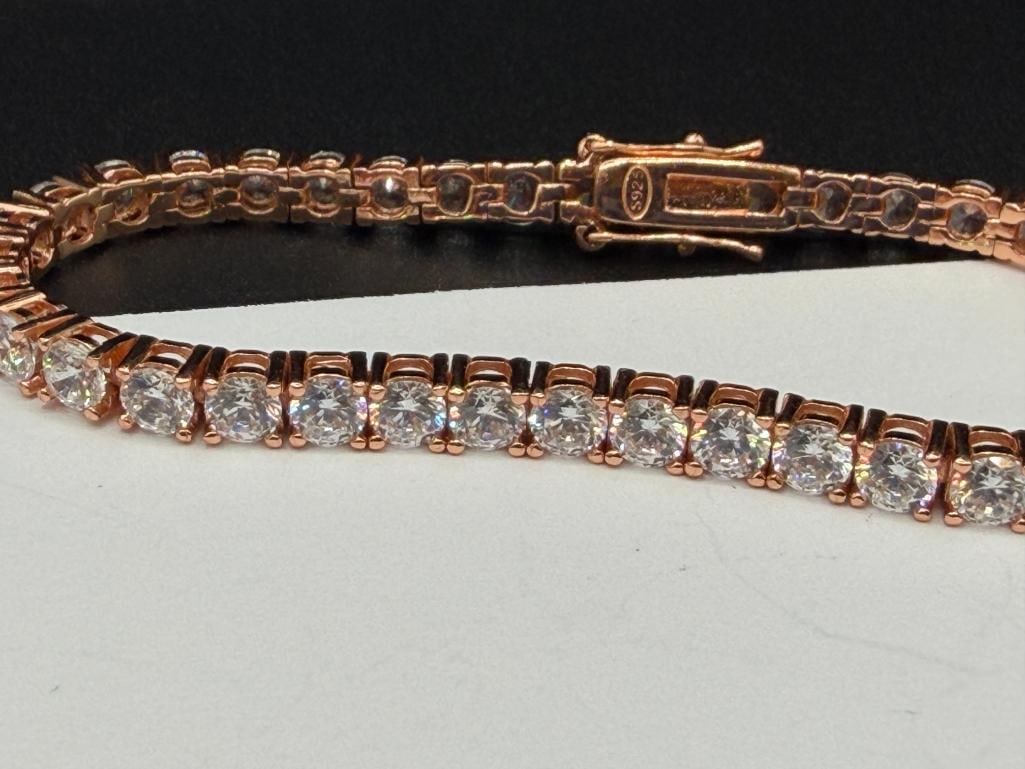 STERLING SILVER ROSE GOLD PLATED ROUND BRILLIANT CUT CZ TENNIS BRACELET - 2