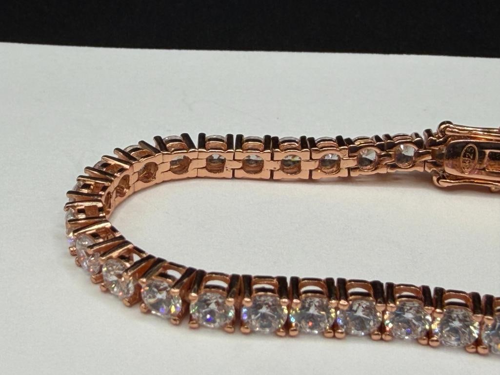 STERLING SILVER ROSE GOLD PLATED ROUND BRILLIANT CUT CZ TENNIS BRACELET - 3