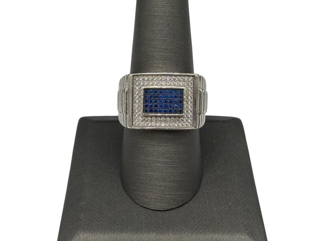 MEN'S GEM STONE KING MAKER SIGNED STERLING SILVER BLUE AND WHITE MOISSANITE RING (1 of 5)