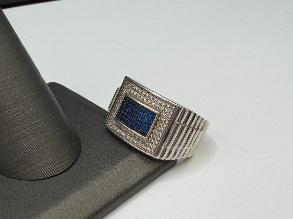 MEN'S GEM STONE KING MAKER SIGNED STERLING SILVER BLUE AND WHITE MOISSANITE RING - 3