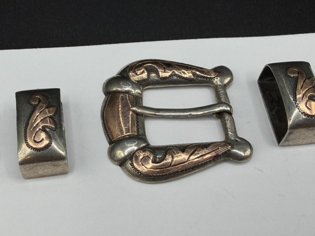 VINTAGE MEXICO MADE STERLING SILVER AND GOLD PLATED WESTERN MOTIF BELT BUCKLE SET - 2