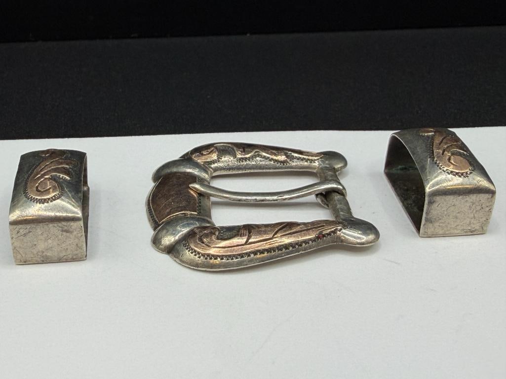 VINTAGE MEXICO MADE STERLING SILVER AND GOLD PLATED WESTERN MOTIF BELT BUCKLE SET - 4