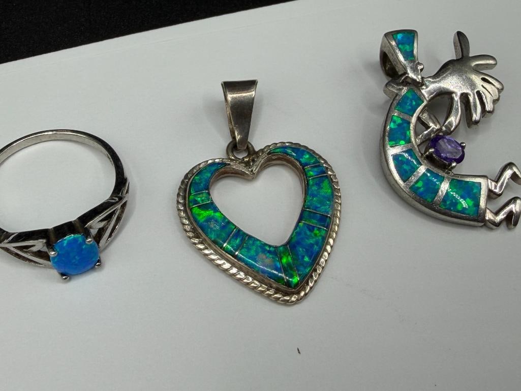 THREE STERLING SILVER OPALITE INLAID JEWELRY PIECES INCLUDING TWO PENDANTS AND A RING - 3