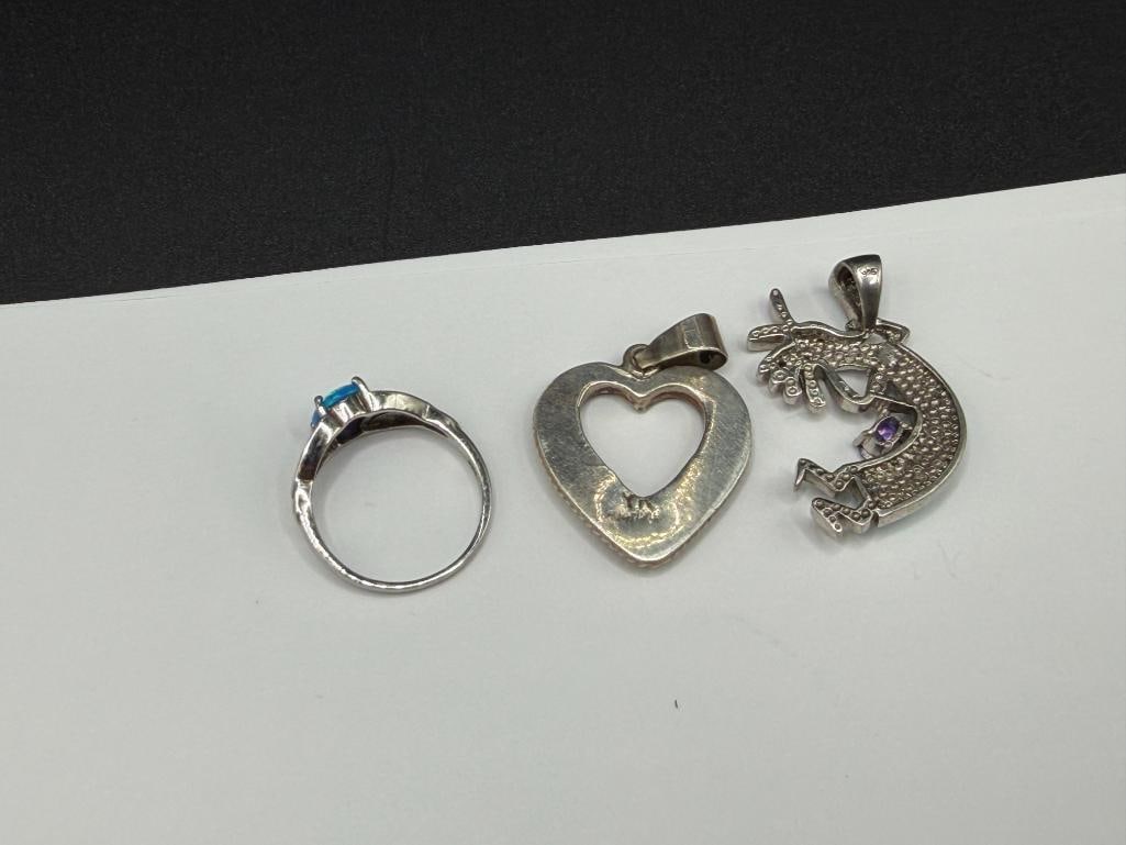 THREE STERLING SILVER OPALITE INLAID JEWELRY PIECES INCLUDING TWO PENDANTS AND A RING - 6