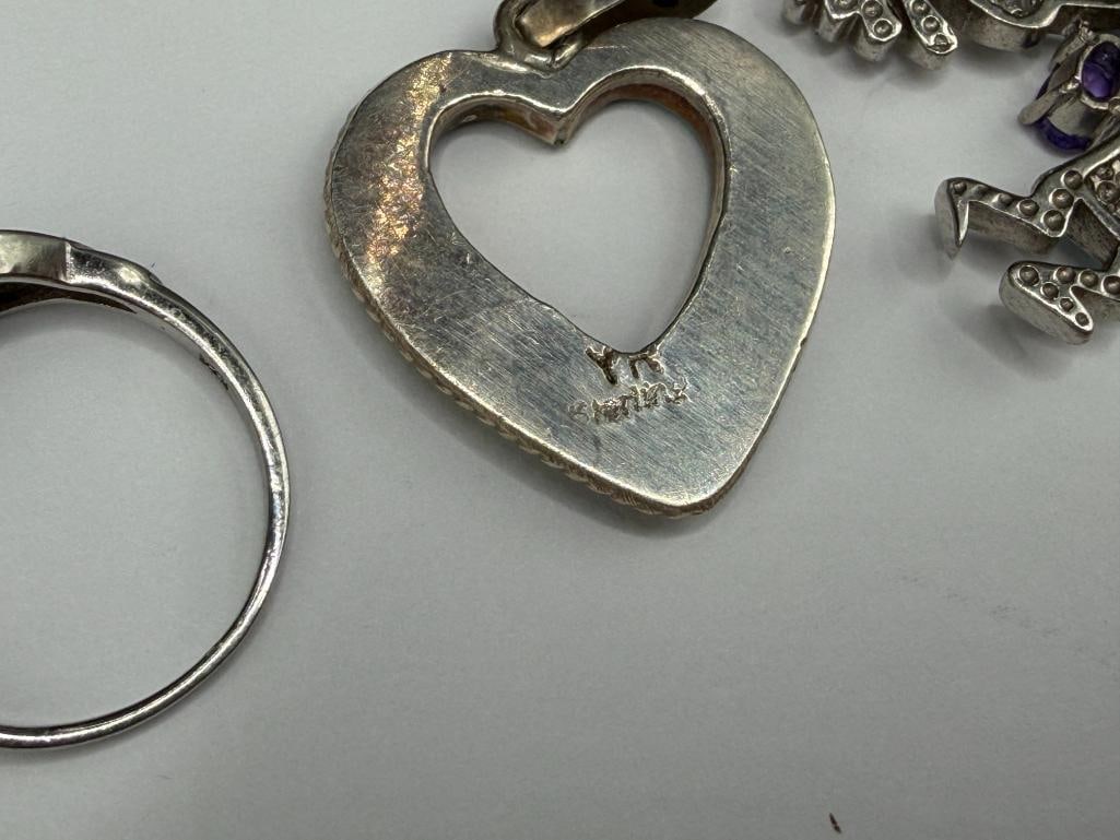 THREE STERLING SILVER OPALITE INLAID JEWELRY PIECES INCLUDING TWO PENDANTS AND A RING - 7