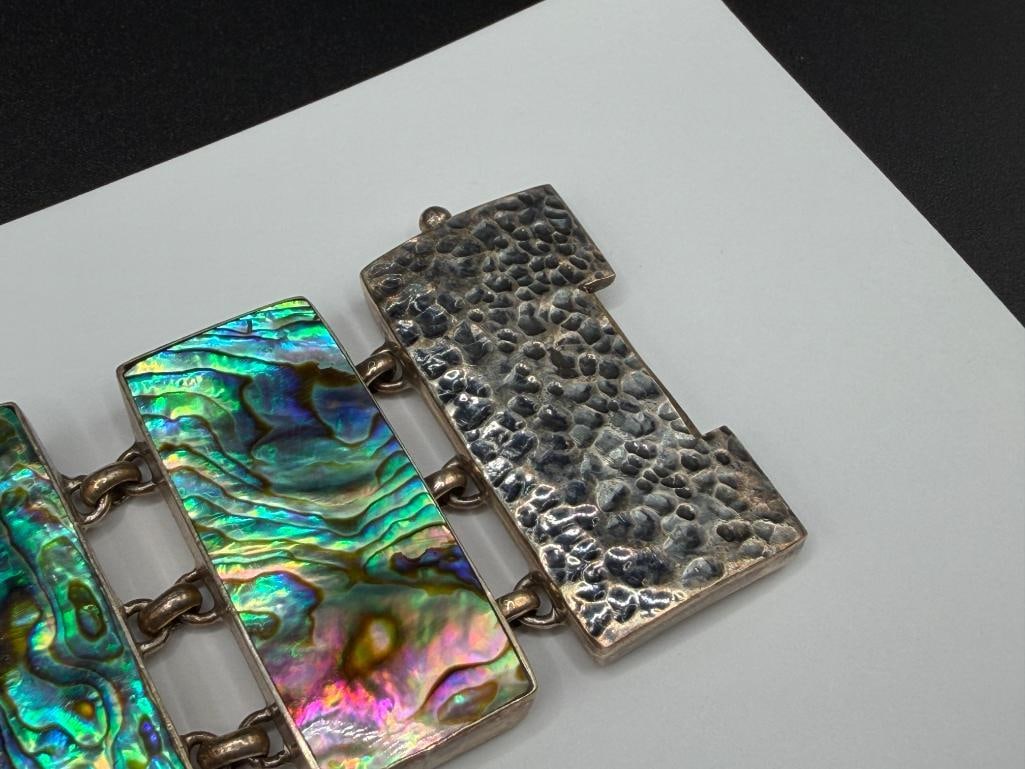 VINTAGE HANDMADE STERLING SILVER ABALONE INLAY LINK BRACELET WITH HAMMERED STERLING CLASP - 5