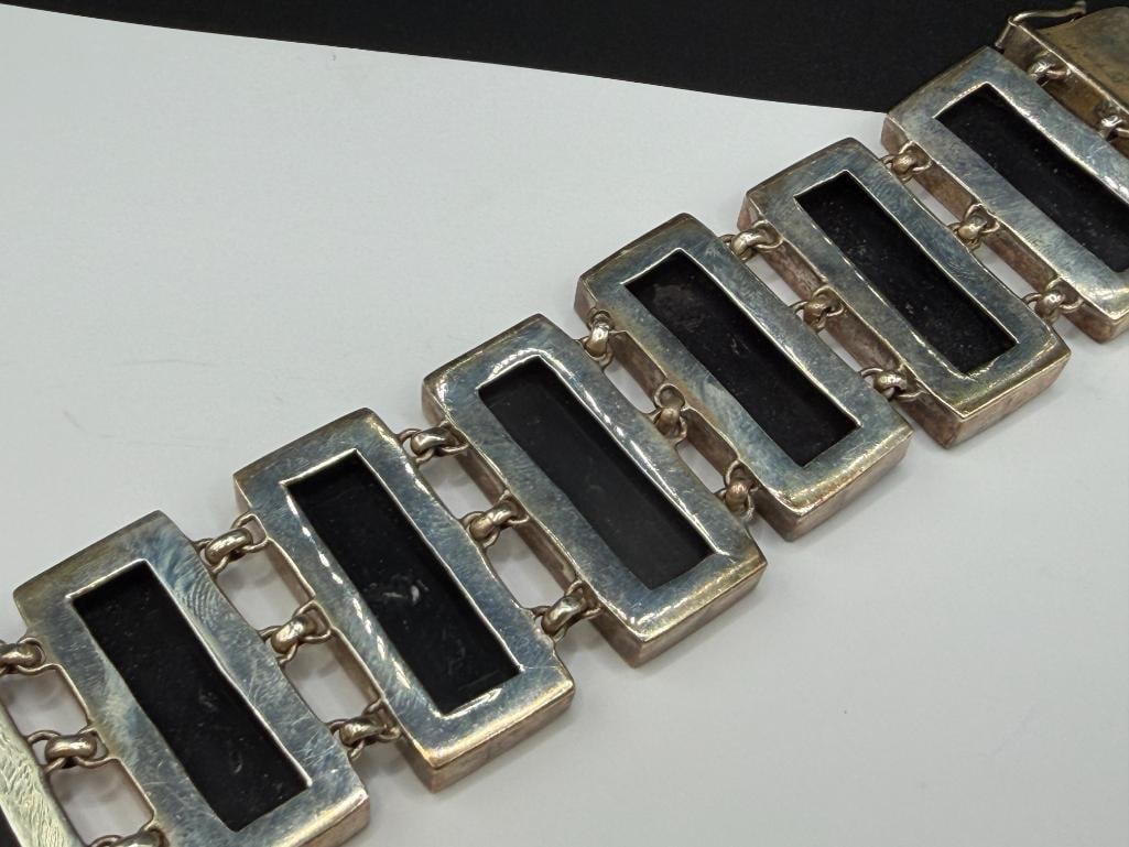VINTAGE HANDMADE STERLING SILVER ABALONE INLAY LINK BRACELET WITH HAMMERED STERLING CLASP - 6