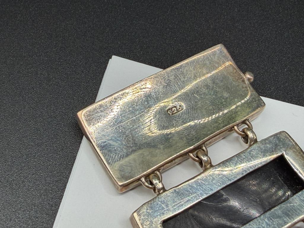 VINTAGE HANDMADE STERLING SILVER ABALONE INLAY LINK BRACELET WITH HAMMERED STERLING CLASP - 7