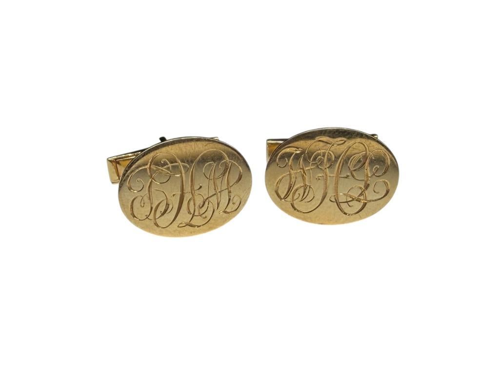 VINTAGE 14K YELLOW GOLD MONOGRAMMED MEN'S CUFF LINKS: MARKED ON BACK "4-23-83" WHICH IS MOSTLY LIKELY A GIFT DATE, BELIEVED TO BE MONOGRAMMED "WHL" 7/8", 11.43 GRAMS