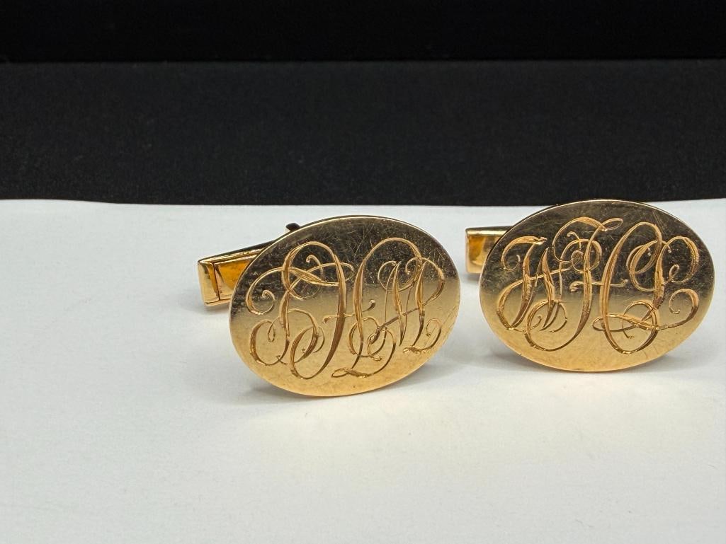 VINTAGE 14K YELLOW GOLD MONOGRAMMED MEN'S CUFF LINKS - 2
