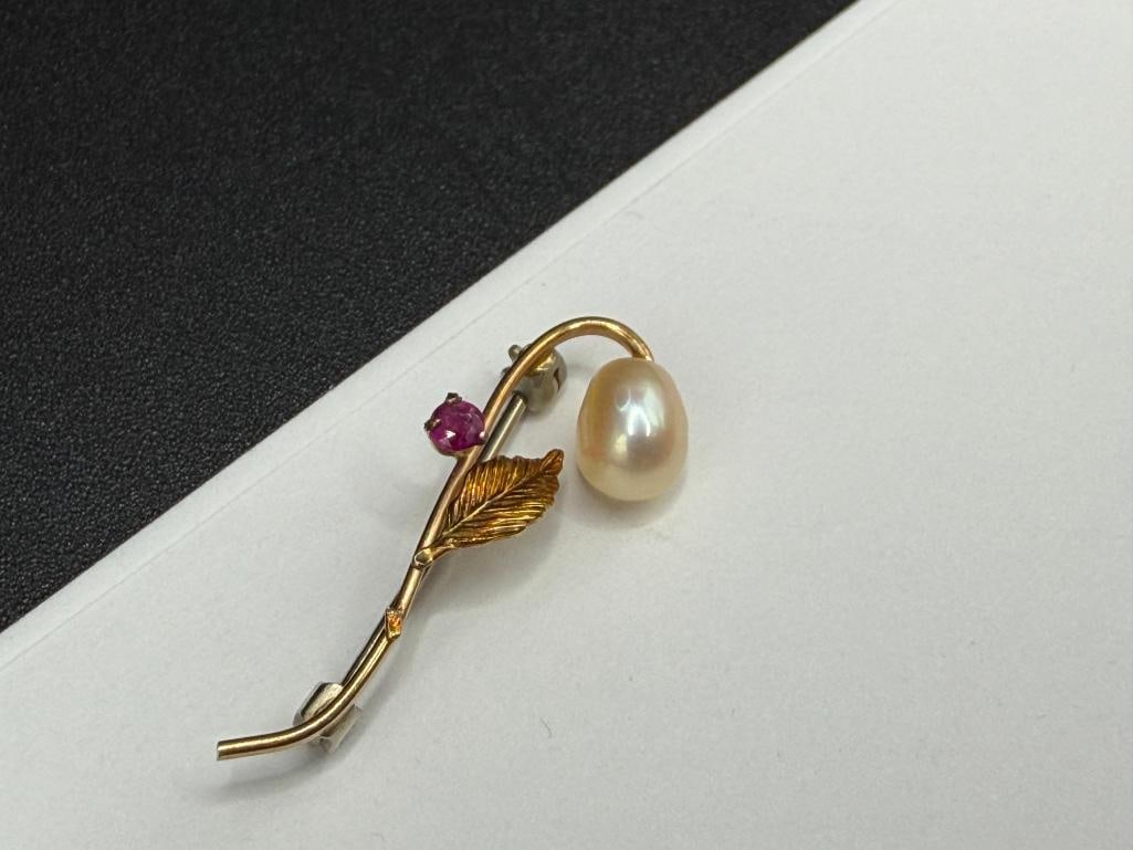10K YELLOW GOLD PEARL AND ROUND CUT RUBY FLORAL DESIGN BROOCH - 3