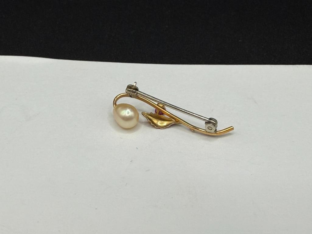 10K YELLOW GOLD PEARL AND ROUND CUT RUBY FLORAL DESIGN BROOCH - 4