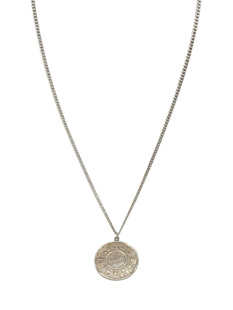 STEERLING SILVER AZTEC CALENDER ZODIAC PENDANT ON SILVER TONED LINK NECKLACE: 24" NECKLACE, 1 5/8" PENDANT, 15.40 GRAMS OF STERLING