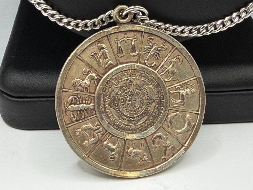 STERLING SILVER AZTEC CALENDER ZODIAC PENDANT ON SILVER TONED LINK NECKLACE - 2