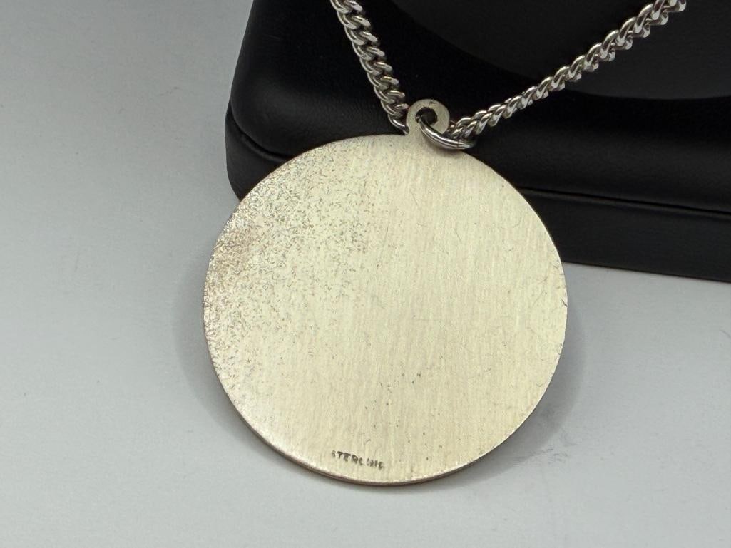 STERLING SILVER AZTEC CALENDER ZODIAC PENDANT ON SILVER TONED LINK NECKLACE - 4