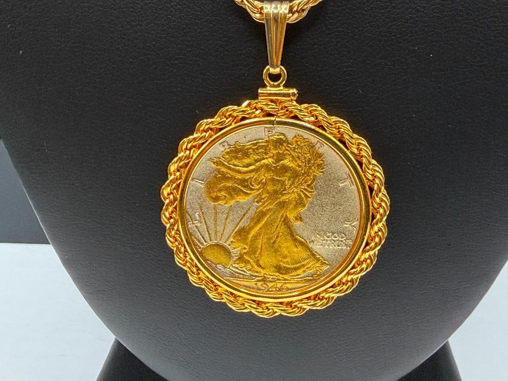 1946 U.S. WALKING LIBERTY SILVER HALF ENCASED AND COATED IN PENDANT ON GOLD FILLED ROPE NECKLACE - 2