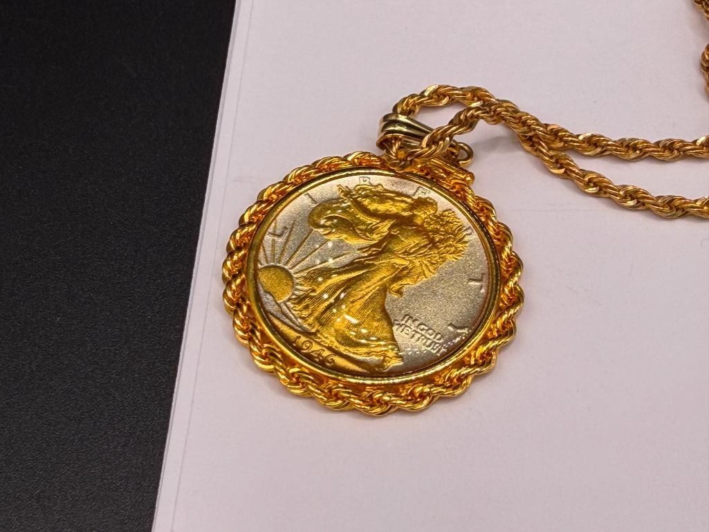 1946 U.S. WALKING LIBERTY SILVER HALF ENCASED AND COATED IN PENDANT ON GOLD FILLED ROPE NECKLACE - 3