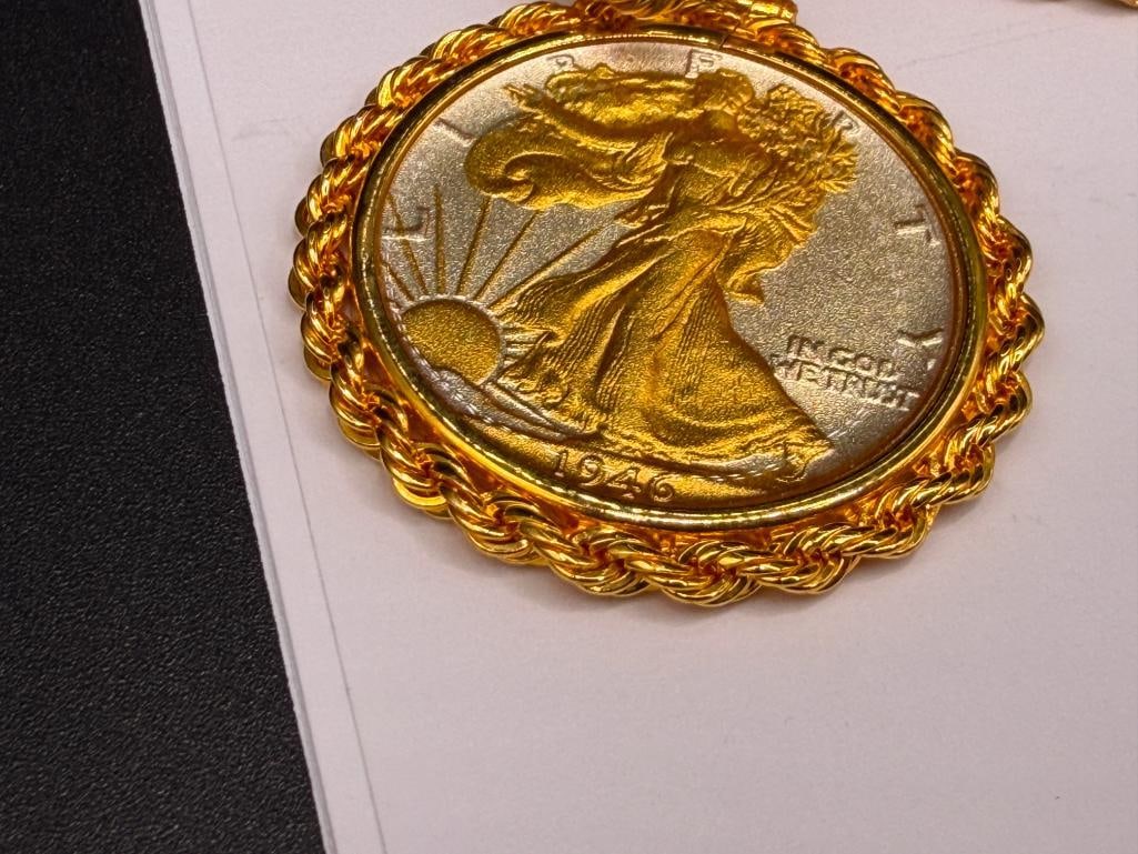 1946 U.S. WALKING LIBERTY SILVER HALF ENCASED AND COATED IN PENDANT ON GOLD FILLED ROPE NECKLACE - 4