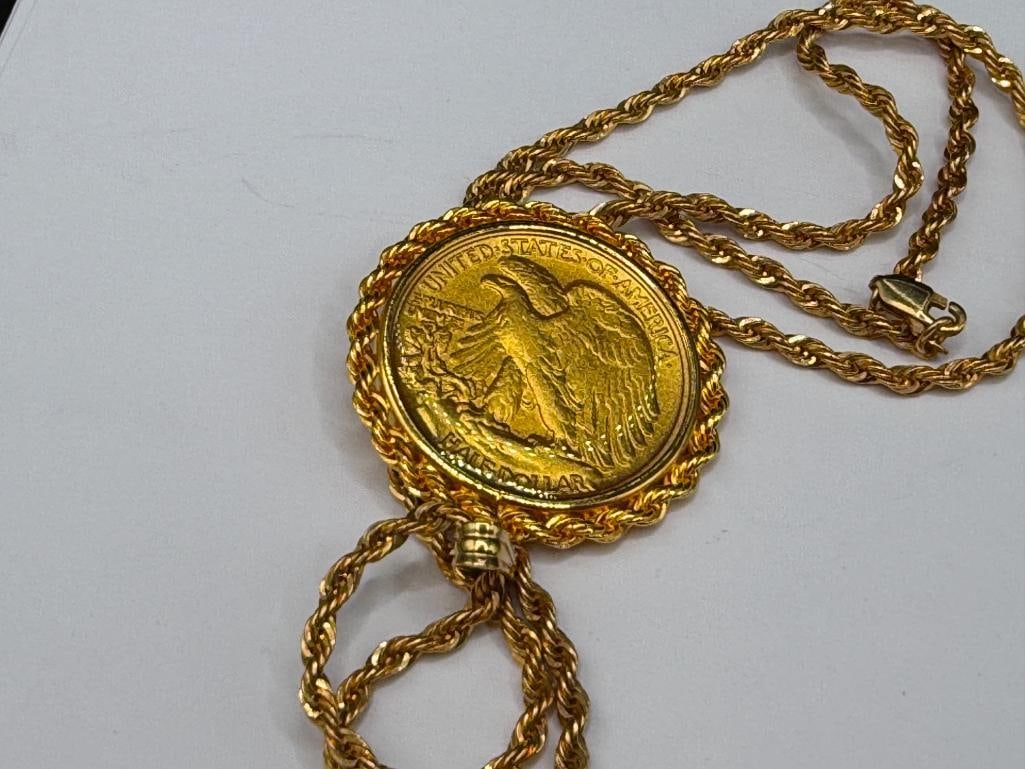 1946 U.S. WALKING LIBERTY SILVER HALF ENCASED AND COATED IN PENDANT ON GOLD FILLED ROPE NECKLACE - 5