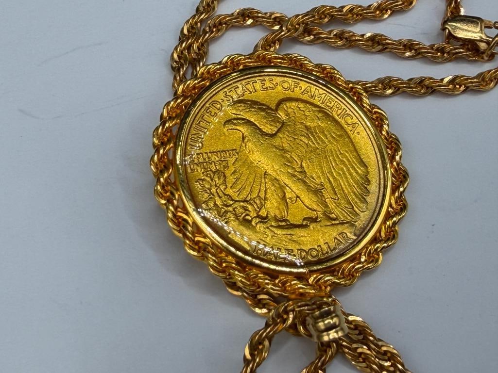 1946 U.S. WALKING LIBERTY SILVER HALF ENCASED AND COATED IN PENDANT ON GOLD FILLED ROPE NECKLACE - 6