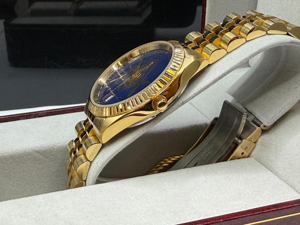 MEN'S BOLAIR MASONIC GOLD TONE STAINLESS STEEL U.S.A. MADE WRISTWATCH MADE FROM SWISS PARTS - 4