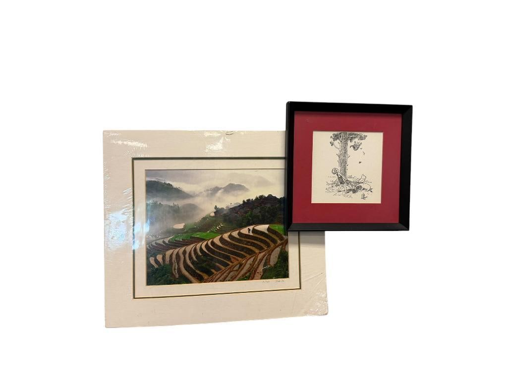 KING WU RENOWNED ARTIST LIMITED EDITION PHOTO OF A MAN IN A RICE FIELD NO. 3/350: KING WU (B. 1918) BORN IN GUANNGXI, CHINA, STUDIED AT YALE IN THE 40'S, PLUS WINNIE THE POOH PRINT, FRAMED 13" X 15 MATTED AND 8 3/4" X 8 3/4" FRAME