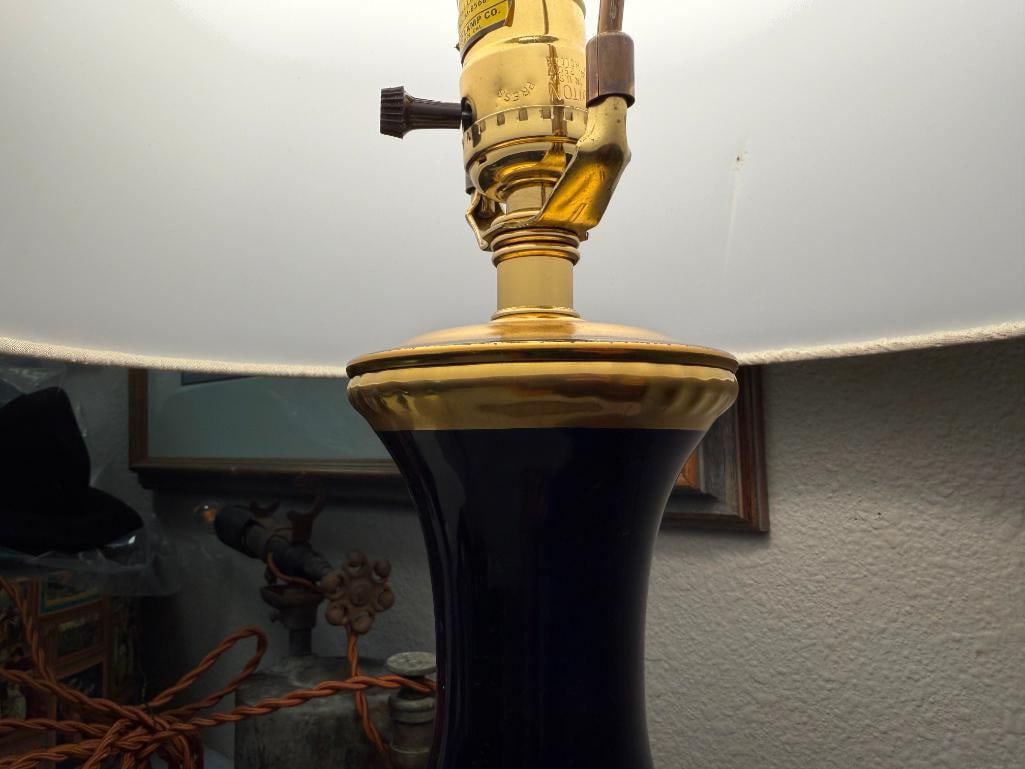 VINTAGE MARBRO LAMP CO. COBALT BLUE GLAZED PORCELAIN LAMP WITH GOLD AND SILVER ETCHED BAND - 5