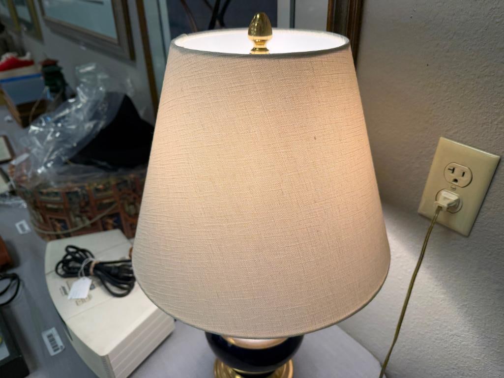VINTAGE MARBRO LAMP CO. COBALT BLUE GLAZED PORCELAIN LAMP WITH GOLD AND SILVER ETCHED BAND - 8
