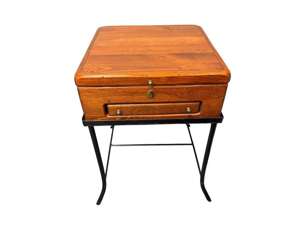 GREGORIAN STYLE PINE BOX WITH DRAWER ON A METAL STAND (1 of 13)