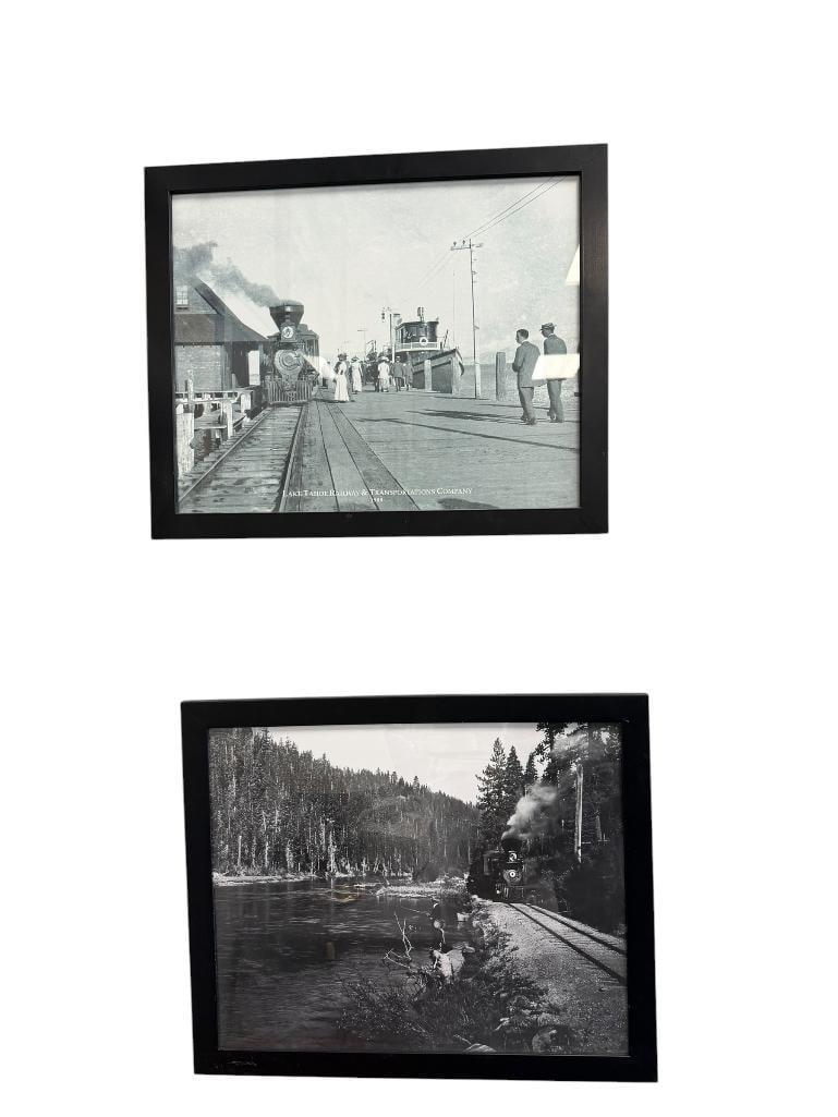 PHOTOPRINTS OF LOCOMOTIVES LAKE TAHOE RAILWAY & TRANSPORTATIONS CO.: PHOTO PRINT OF A LOCOMOTIVE STOPPING AT A DEPOT CIRCA 1908 AND BLACK AND WHITE PHOTO PRINT OF A LOCOMOTIVE RUNNING ALONG THE TRUCKEE RIVER CIRCA 1911, FRAMED 22" X 18" FRAMES