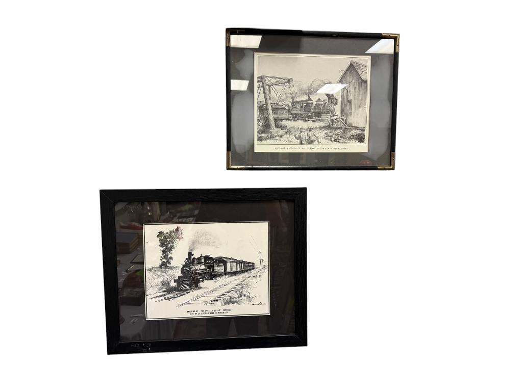 ANDREW SAAR AND LYLE V. BALL NEVADA ARTISTS BLACK AND WHITE LOCOMOTIVE PRINTS: ANDREW SAAR PRINT TITLED ENGINE NO. 26 THE AFTERNOON EXPRESS ENTERING RENO, NV AND LYLE BALL PRINT VIRGINIA & TRUCKEE CROSSING THE TRUCKEE RIVER, RENO, PLATE SIGNED LOWER RIGHT, FRAMED 22" X 18" A