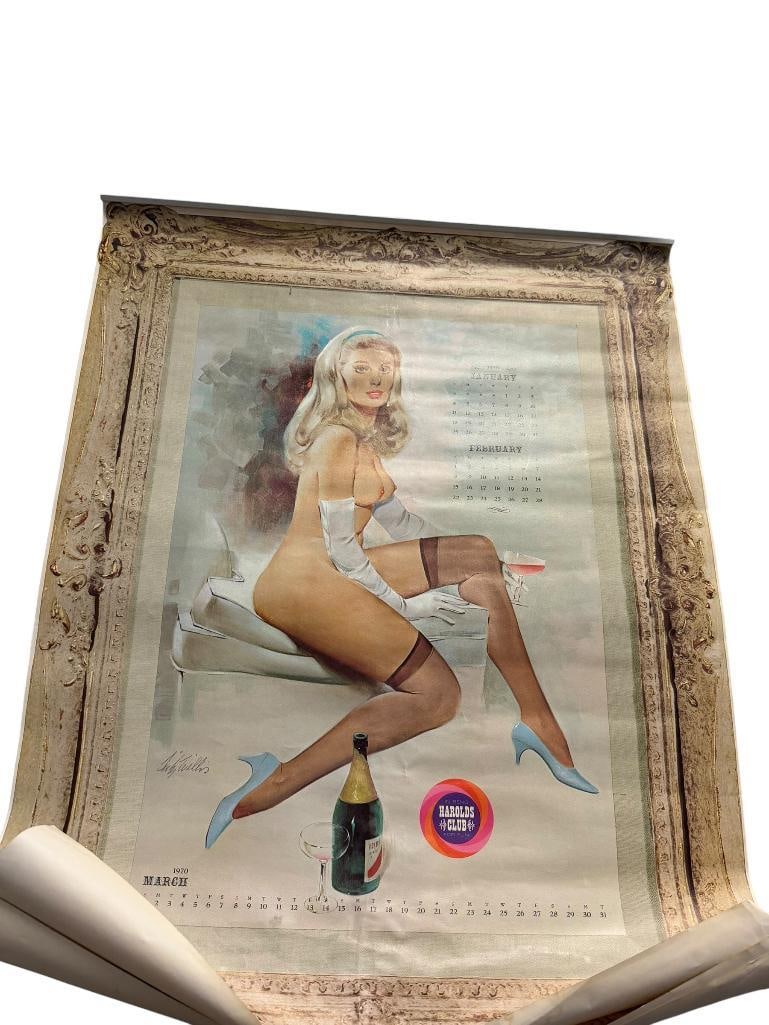 1970 HAROLDS CLUB ADVERTISING CALENDAR WITH PIN-UP ART BY FRITZ WILLIS: PRODUCED BY FAMOUS RENO, NV HOTEL / CASINO HAROLDS CLUB, MISSING 4TH PAGE OCT. NOV. DEC., CALENDAR SHOWS HEAVY WEAR ALONG THE BOTTOM EDGE 20" X 26" 